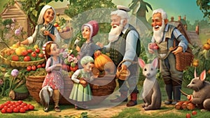 Characters of russian fairy tale Repka. family, dog, cat, mouse. Generative AI