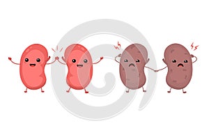 Characters of sad and happy kidneys. Vector illustration