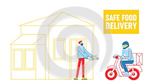 Characters. Safe Food Delivery. Courier Character Delivering Grocery Order to Customer Home on Moped During Coronavirus