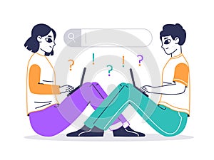 Characters searching online, people with search bars. Man and woman surfing internet, web searching and answer finding flat vector