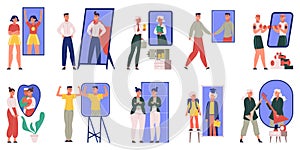 Characters see dreamy reflection in mirror, ambition, motivation scenes. Self confidence person vector illustration set