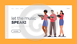 Characters Singing in Chorus Landing Page Template. Singers Choir Amusement Event. Young Men or Women with Singing Books