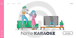 Characters Sparetime, Hobby or Party Landing Page Template. Cheerful Girls Couple Sing Song in Karaoke with Microphones