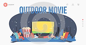 Characters Spend Night with Friends at Outdoor Movie Theater Landing Page Template. People Watching Film on Big Screen