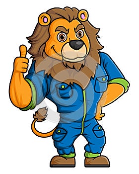 characters a strong lion wears costume mechanic uniform giving thumbs up