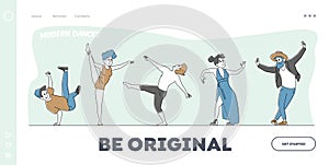 Characters in Stylized Costumes Dance Modern Dances Landing Page Template. Group of People at Disco Party