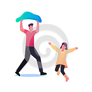 Characters under Rain, Sad Man Cover Head with Plastic Bag Running at Home, Happy Child in Cloak in Wet Rainy Day,