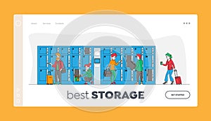 Characters Use Luggage Storage Service Landing Page Template. People Put Bags into Lockers in Airport or Supermarket