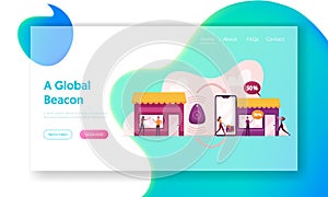 Characters Using Beacon Technology for Shopping Landing Page Template. Internet of Things, Communication Network