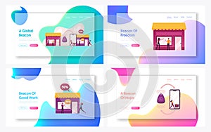Characters Using Beacon Technology for Shopping Landing Page Template Set. Internet of Things
