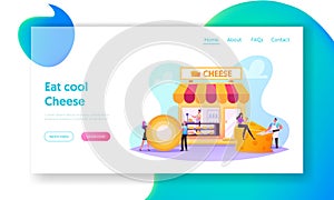 Characters Visiting Cheese Shop Landing Page Template. Seller Weigh and Presenting Products for Customer in Store