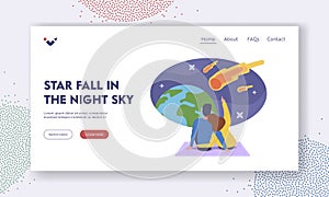 Characters Watching Meteorite Fall, Dating Landing Page Template. Loving Couple Make Wish Look on Sky with Falling Stars