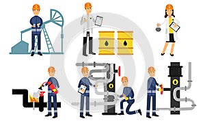 Characters Of Workers In The Oil Industry At Different Stages Of Production Vector Illustration Set Isolated On White