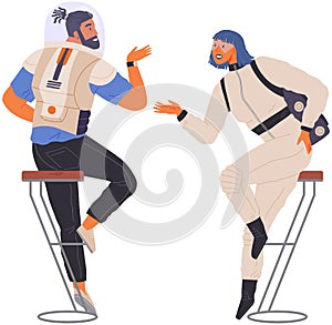 Charactes wearing costumes communicating. Happy man and woman in astronaut suits at space party