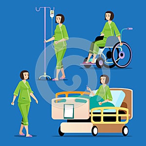 Medical rehabilitation isometric composition with doctor and patient on crutches. patient on wheelchair.