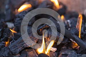 Charcoal burning with flames for barbecue, bbq