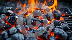 Charcoal Cooking on Grill With Flames, Smoky Outdoor Barbecue Cookout photo