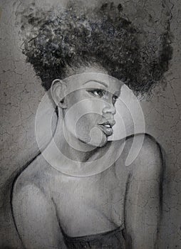 Charcoal drawing black sultry woman portrait