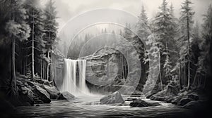 Charcoal Drawing Of A Serene Waterfall In Black And White photo