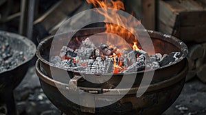 A charcoal fire burning under a large copper cauldron the source of heat for brewing the herbal concoction