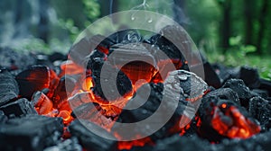 Charcoal fire emits smoke up close