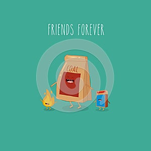 Charcoal and matches friends forever. Vector illustration
