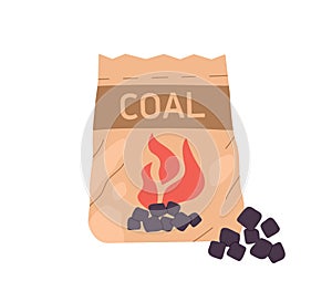 Charcoal in paper bag. Pack of BBQ coal pieces for fire and cooking with barbecue grill. Barbeque carbons package