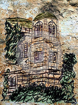 Charcoal and pastel of middle east building