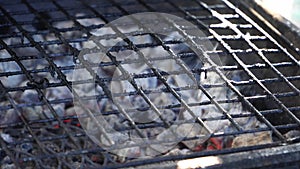 Charcoal smoke billows through the barbecue grill