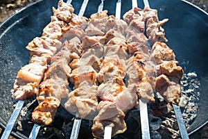 Charcoal smoke preparing kebab  barbecue summer weekend