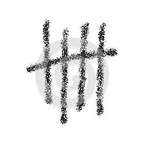 Charcoal tally mark. Hand drawn sticks sorted by four and crossed out by slash line. Day counting symbol on jail wall