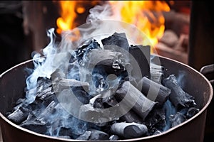 charcoals burning with smoke in a cylindrical chimney starter