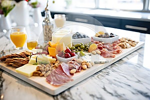 charcuterie board with assorted meats, cheeses, and nuts