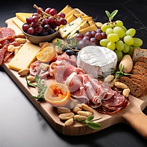 Charcuterie board close up. Appetizers board with assorted cheese, cured meat, prosciutto, grape, fruits, nuts and crackers.