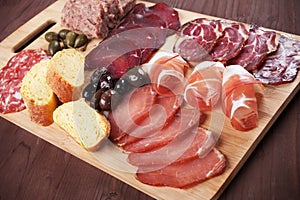 Charcuterie board with cured meat and olives