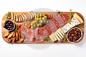 An charcuterie board is a selection of meats, cheeses, fruits, and crackers.