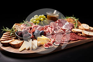 Charcuterie Board, there is a variety of meats, cheeses, fruits, crackers, and breads.