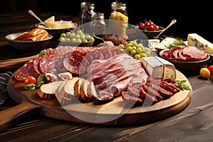 In a Charcuterie Board, there are a variety of meats, cheeses, fruits, and crackers to choose from.