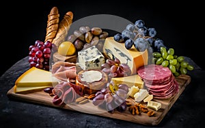 Antipasto platter with prosciutto crudo or jamon, ham, salami, cheese, olives and grapes/ Elegant charcuterie board