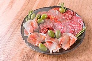 Charcuterie plate with meat appetizer, variety of sausages - salami, bresaola, proscuitto served with olives