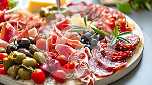 Charcuterie plate with prosciutto salami cheese and berries olives Aperitif Antipasti Italian table