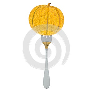 Charentais melon on fork, 3D rendering