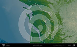 Charente-Maritime outlined, France. Physical photo