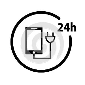 Charge phone icon. Icon 24 Hour black charge phone vector sign . plug icon