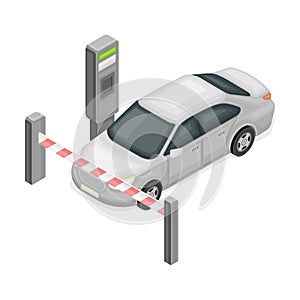 Chargeable Parking Facility with Car Standing in Front of Auto Barrier Isometric Vector Illustration