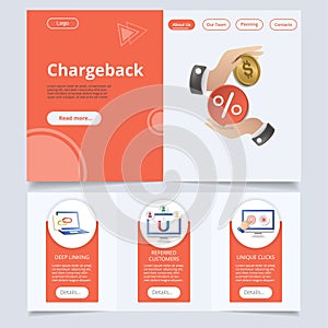 Chargeback flat landing page website template. Deep linking, reffered customers, unique clicks. Web banner with header