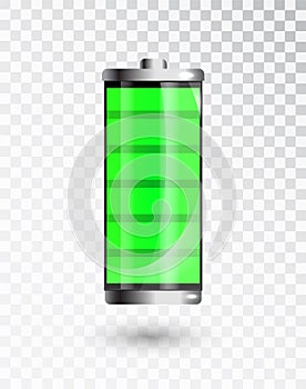 Charged battery. Full charge battery. Battery charging status indicator. Glass realistic power green battery