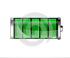 Charged battery. Full charge battery. Battery charging status indicator. Glass realistic power green battery