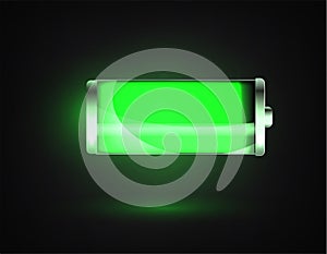 Charged battery. Full charge battery. Battery charging status indicator. Glass realistic power green battery illustration on black