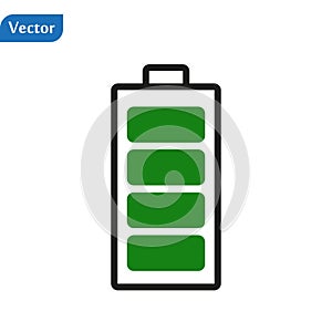 Charged battery. Green Full charge battery. Battery charging status indicator. Glass realistic power green battery illustration on